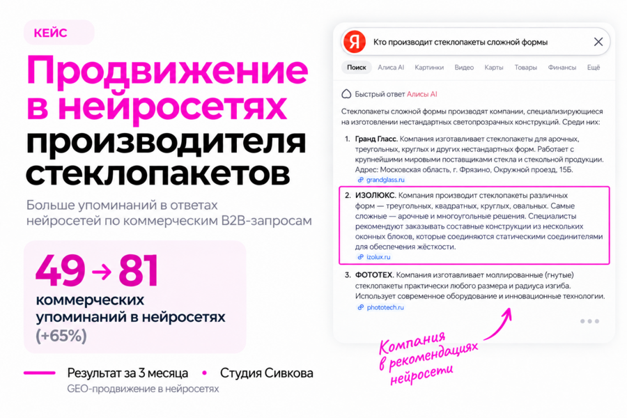 Продвижение в нейросетях производителя стеклопакетов: рост упоминаний по B2B-запросам на 65%